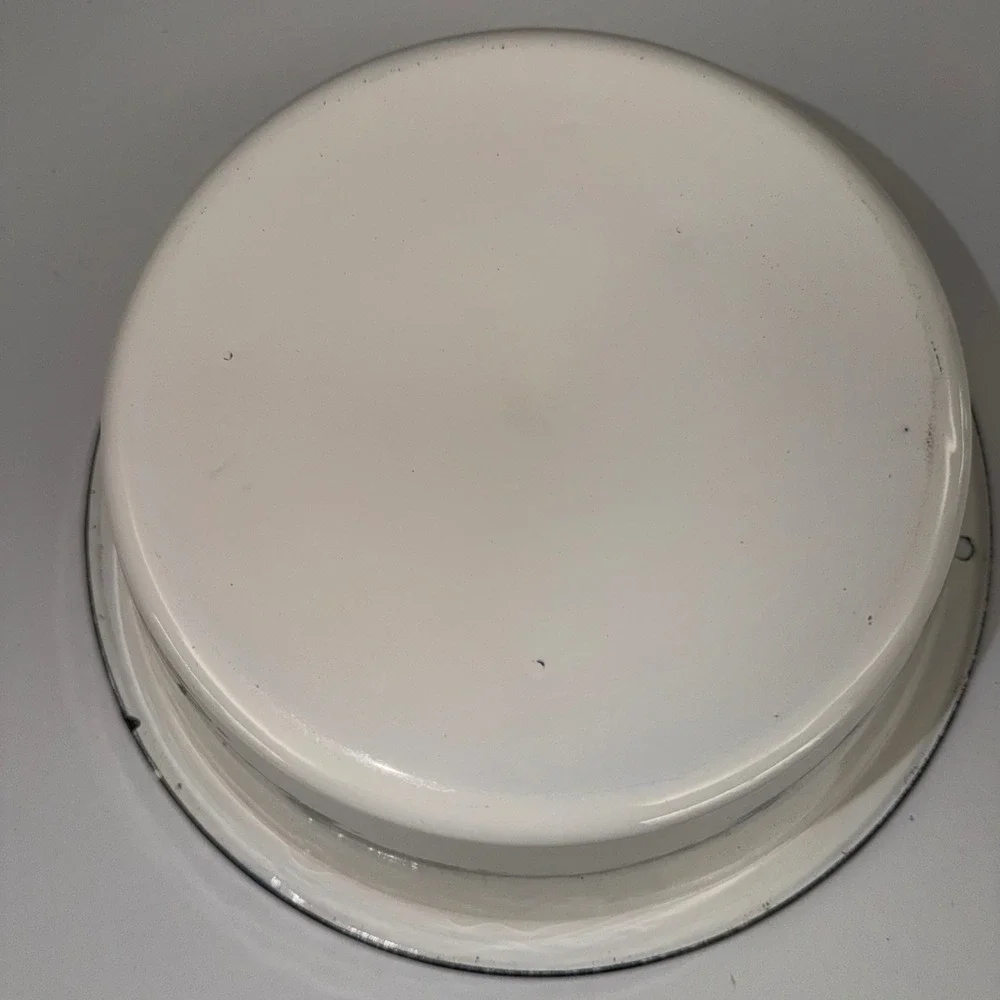 Vintage White Enamelware Mixing Bowl Black Rim Farmhouse Kitchen Decor 10 inch